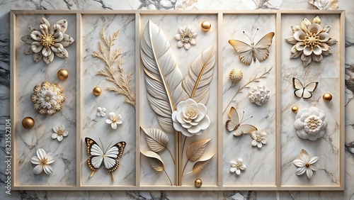 Modern and chic panel wall art with a marble backdrop adorned with intricate feather, flower, and butterfly silhouettes for stylish home décor