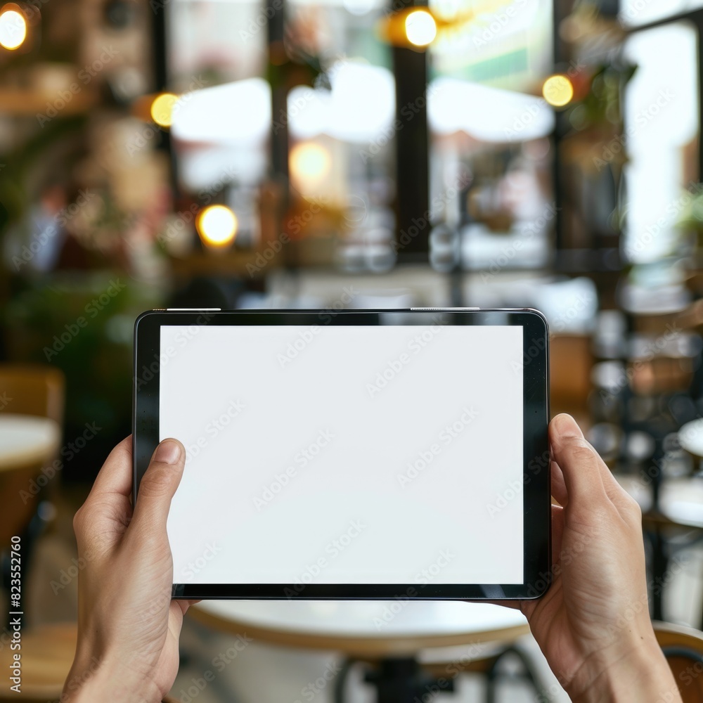 Hand holding digital tablet with blank screen on cafe background.