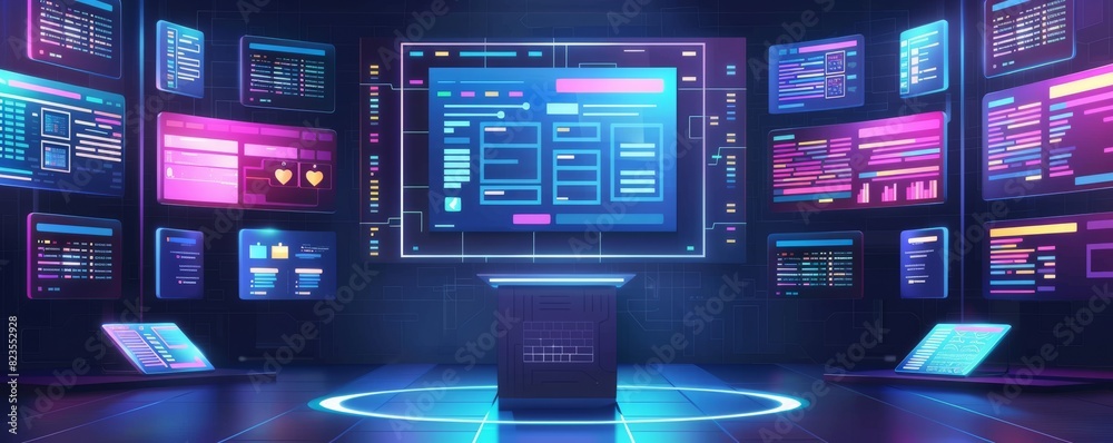 High-contrast digital control room mockup with central podium and vibrant data screens High-contrast digital control room mockup with central podium and vibrant data screens