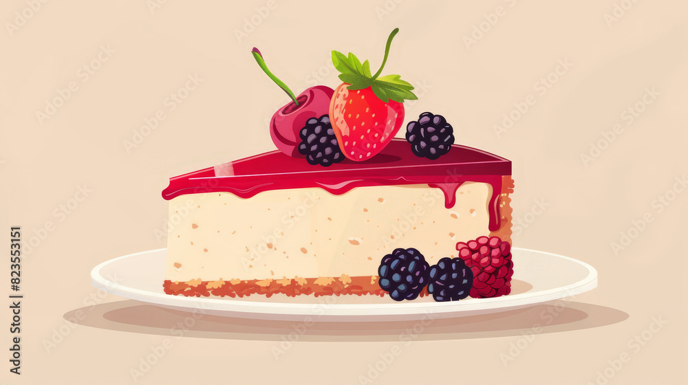 Delicious slice of cheesecake topped with fresh berries and a strawberry, perfect for dessert images and food photography.