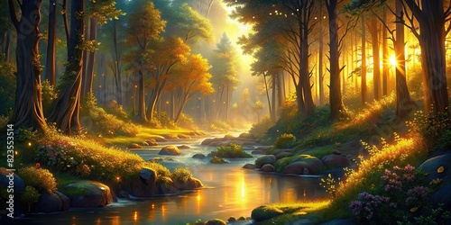 Scenic view of a sparkling forest creek bathed in golden sunlight  surrounded by lush trees and vibrant foliage 