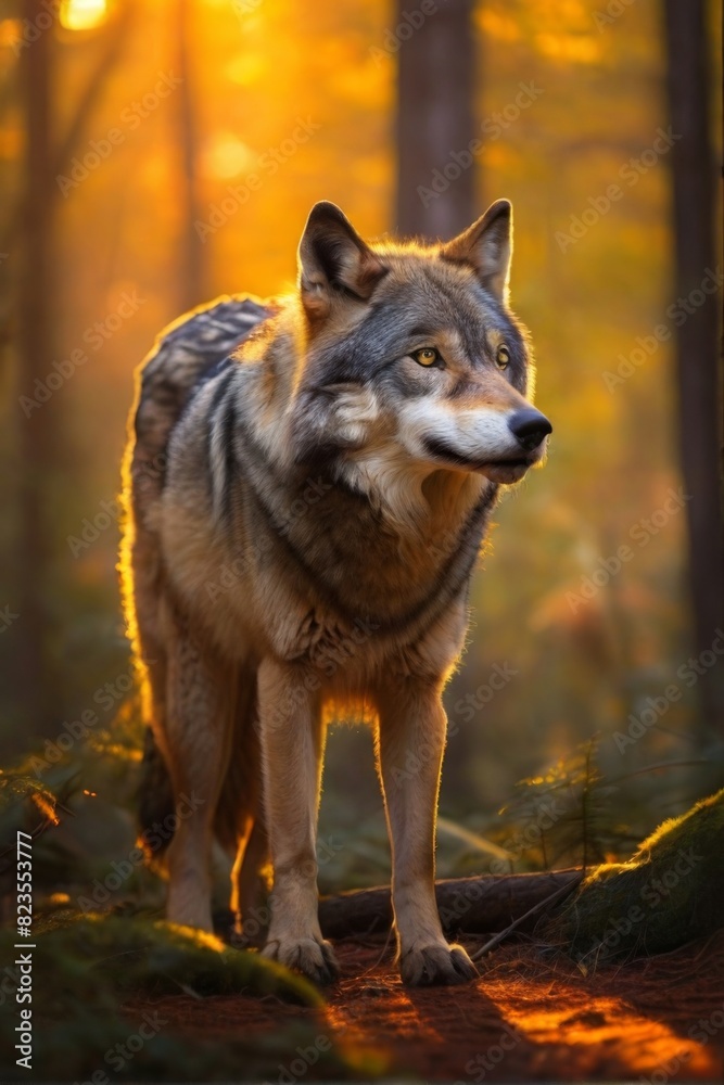 Obraz premium Grey wolf in Sunset forest, Professional wildlife photography