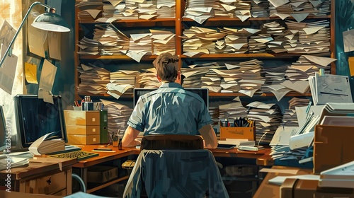 Homme au milieu de piles de papiers sur son bureau - illustration  photo