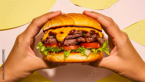 Two hands holding a hamburger with lots of cheese