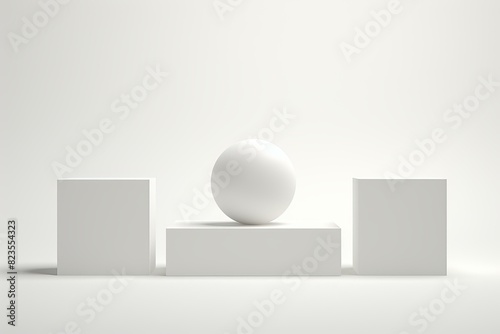 Elegant display of a white sphere centered between two cubes on a reflective surface