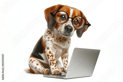 dog with glasses and a surprised look on her face is looking at a laptop