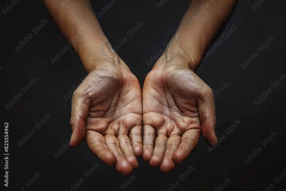Fototapeta premium Open palms closeup, hands in holding gesture, giving and showing, prayer, begging, copy space