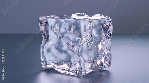 A clear ice cube sits on a reflective surface.  