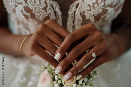 An African American Brides Hand With Her Nails Painted With White With Glitter Nail Polish Nail Salon