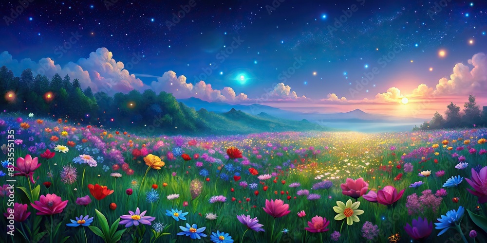 Vibrant field of blooming May flowers with space for text