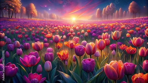 Vibrant field of tulips in full bloom #823555110
