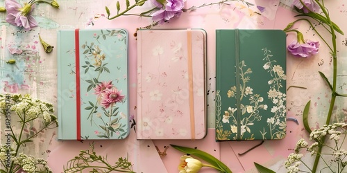 A top view of note books with flowers and bookmarks on a plain clean backdrop with a big space for text or product advertisement, Generative AI. photo