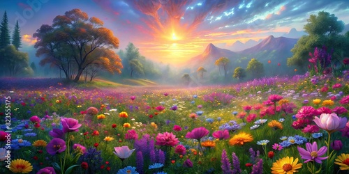 Vibrant meadow bursting with colorful spring flowers #823555175