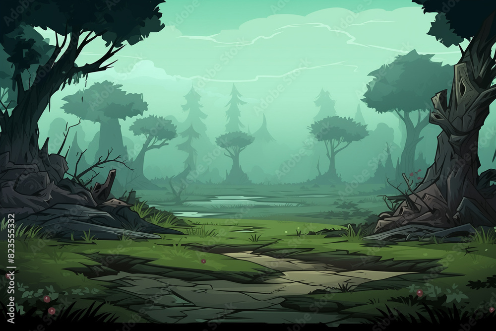 Fototapeta premium Spooky Cartoon Forest with Misty Atmosphere and Pathway