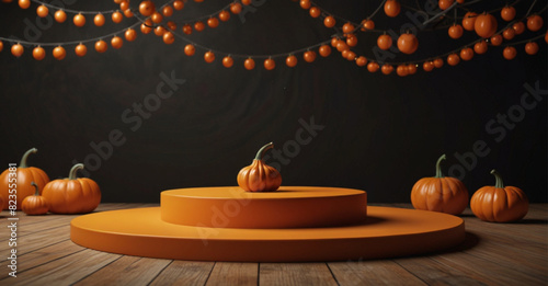 Halloween background with pumpkins and podium