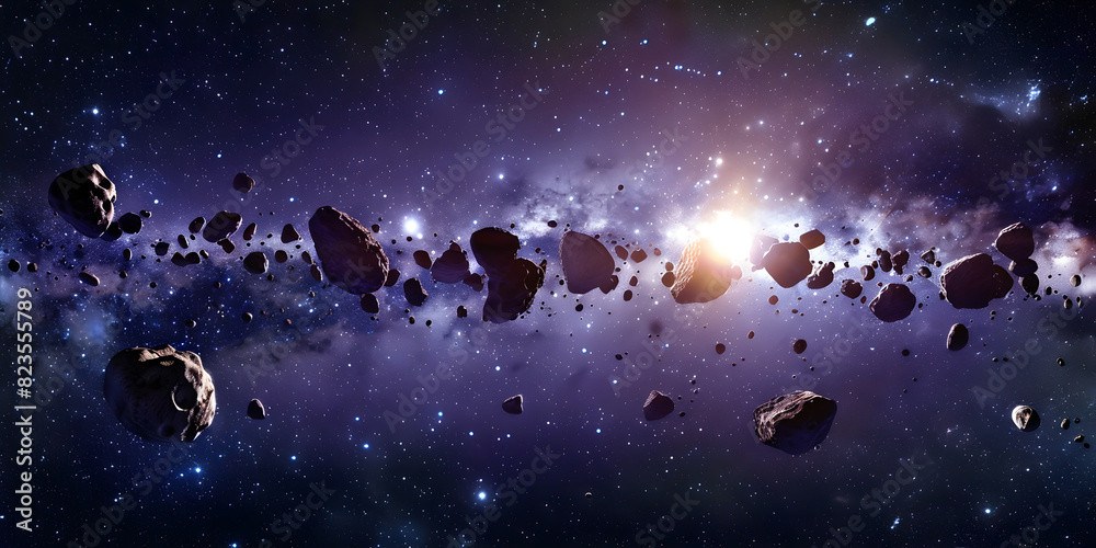 Meteorite field deep in space - rocks of diferent sizes floating in space with a purple pink tinge colour background and bright white star light in the distance ideal for astronomy theme
Meteorite field deep in space - rocks of diferent sizes floating in space with a purple pink tinge colour background and bright white star light in the distance ideal for astronomy theme