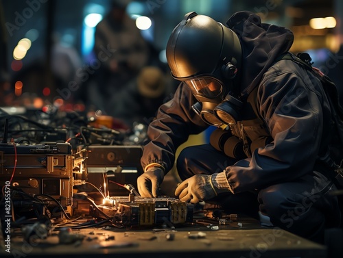 Capture a bomb disposal expert in full gear examining a suspicious device photo