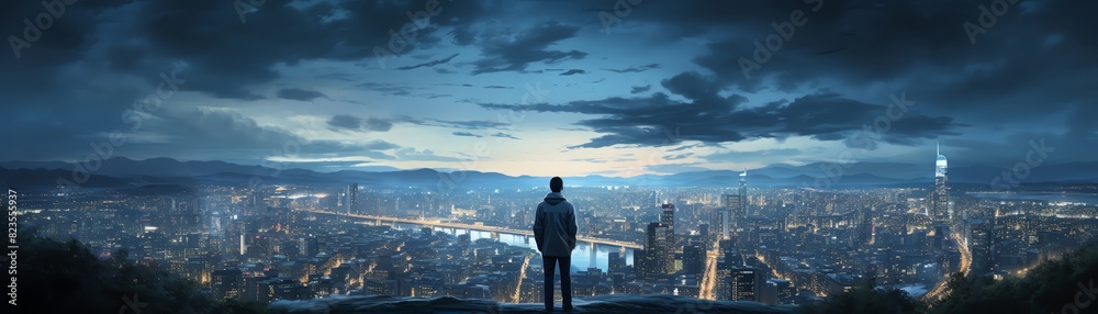 Fototapeta premium Render a solitary figure looking out over a cityscape, contemplating their next steps after job loss, close up, at a city overlook, vibrant, Composite, sprawling urban view