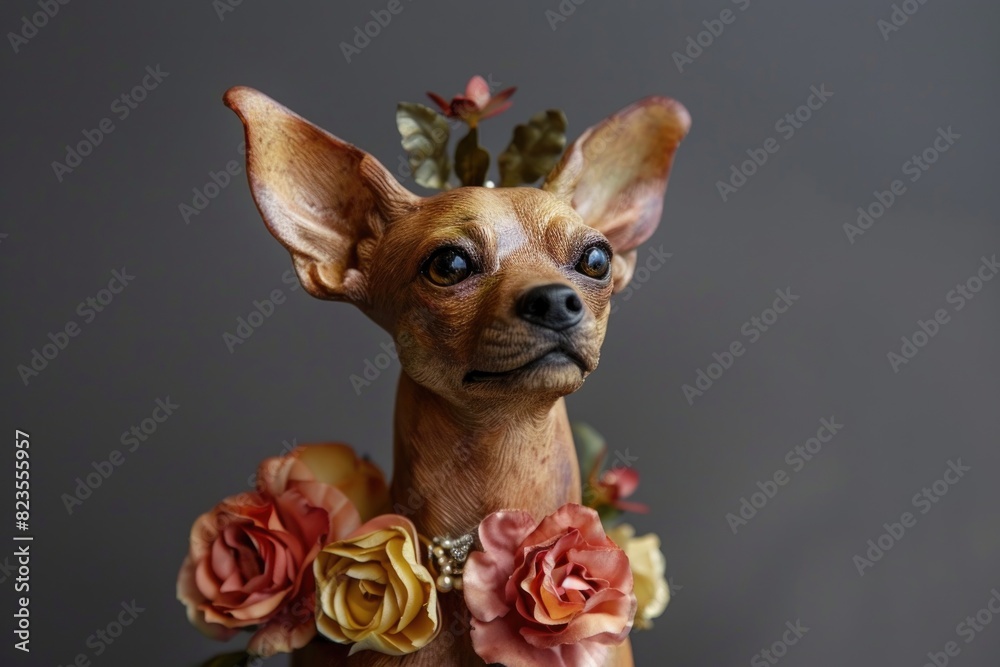 Adorable Chihuahua with Vibrant Floral Lei on Neutral Background
