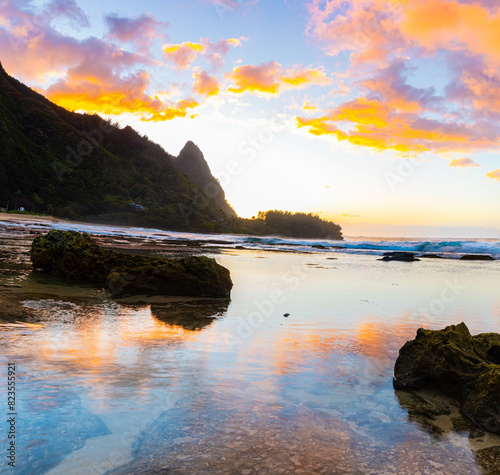 Beautiful Sunset Reflection on The Tide Pools at Tunnels Beach, Kauai, Hawaii, USA photo