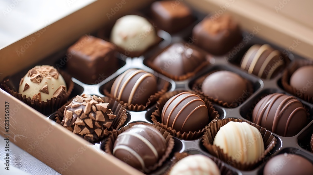 Tasty chocolate pralines packaged in a box. Generative AI Tasty chocolate pralines packaged in a box. Generative AI