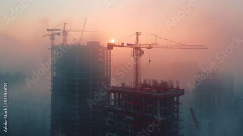 A modern building under construction, with cranes and scaffolding against the backdrop of an industrial landscape, symbolizing growth in commercial real estate. 