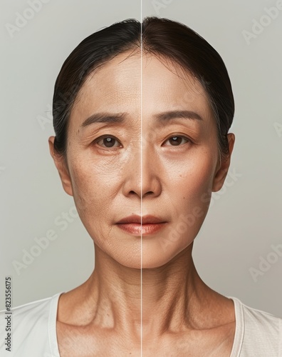 Before and after photo of the same Korean woman's face, showing an elderly model with wrinkles on one side and young skin without signs of aging on the other half.