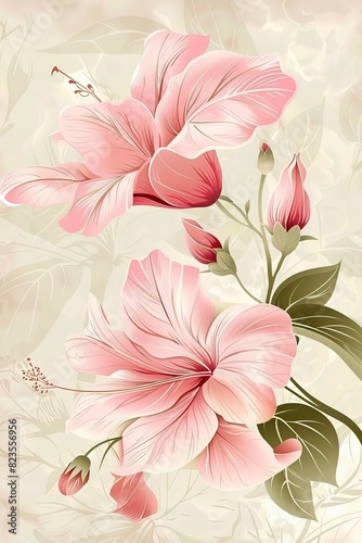 Pink Flowers Painting on White Background