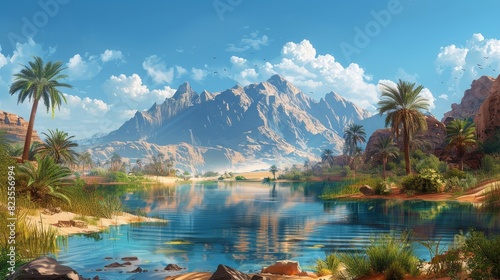 Generate a visual narrative of a desert oasis shimmering in the distance photo
