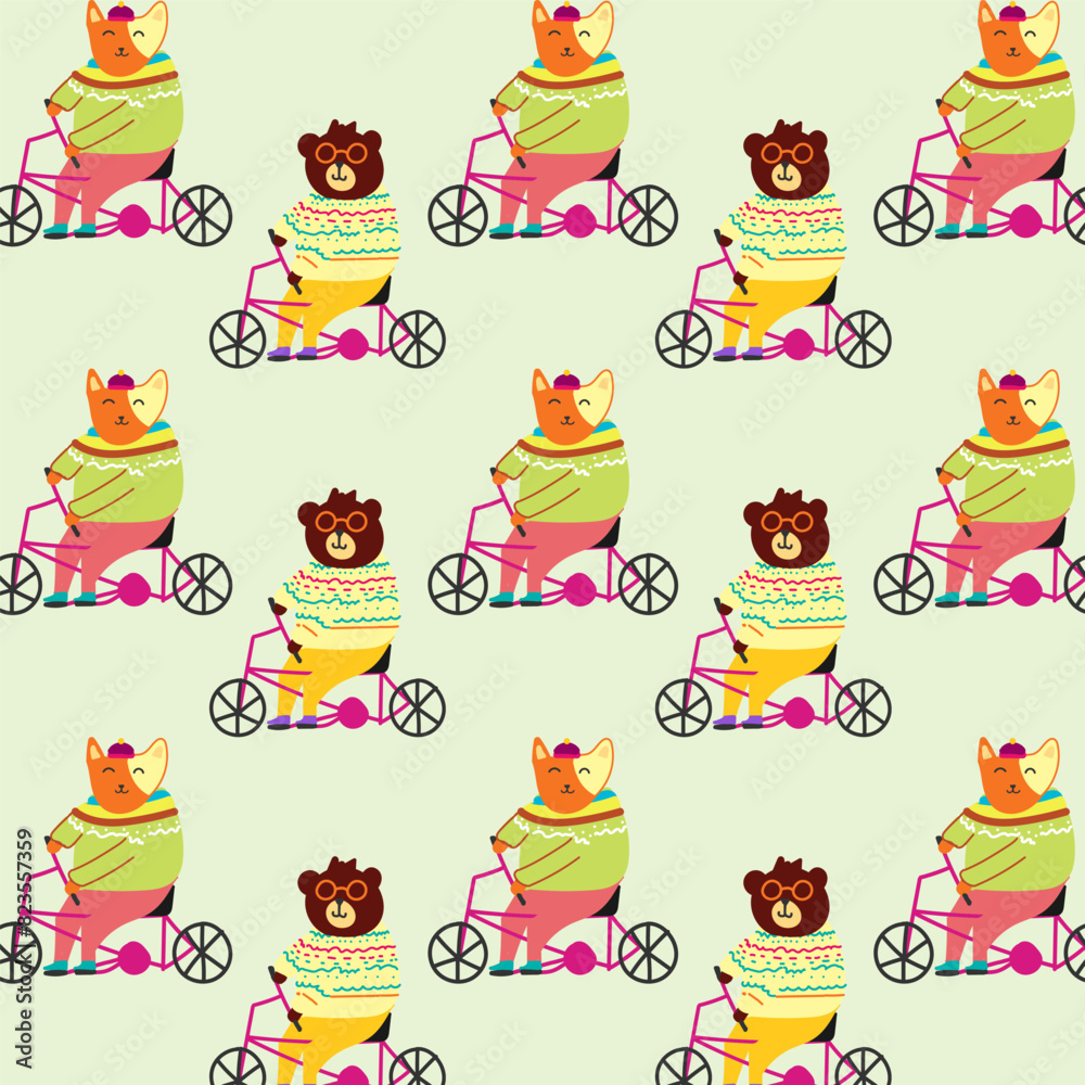 Cute Animals on bicycle pattern for fabric, textile and print Cute Animals on bicycle pattern for fabric, textile and print