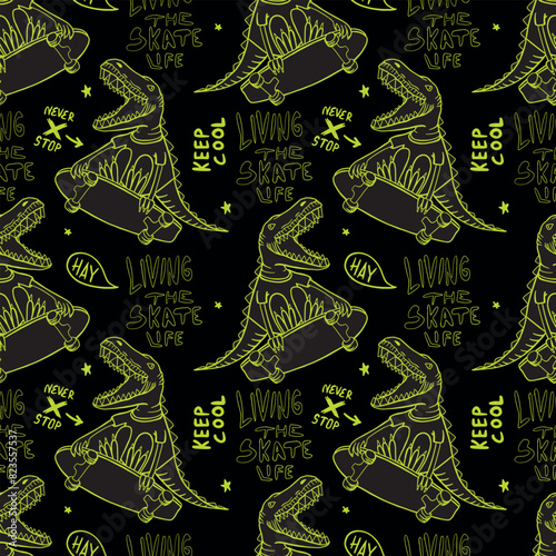 Bright cool seamless pattern with dinosaur on a skateboard. graffiti background with t rex.For textile, kids wear, fabric and more
