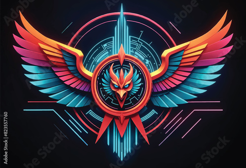 a logo for a garuda bird with a red head and a shield with a red and blue futuristic design on it photo