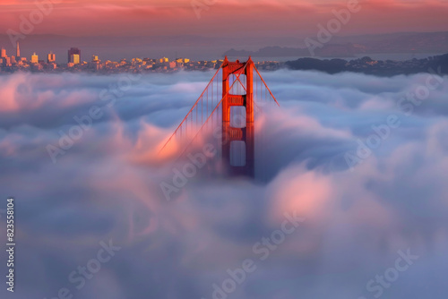 The Golden Gate Bridge partially shrouded in fog with its iconic red towers visible photo