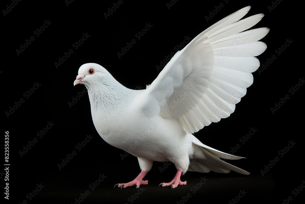 Pure white dove with spread wings poses against a stark black background Pure white dove with spread wings poses against a stark black background