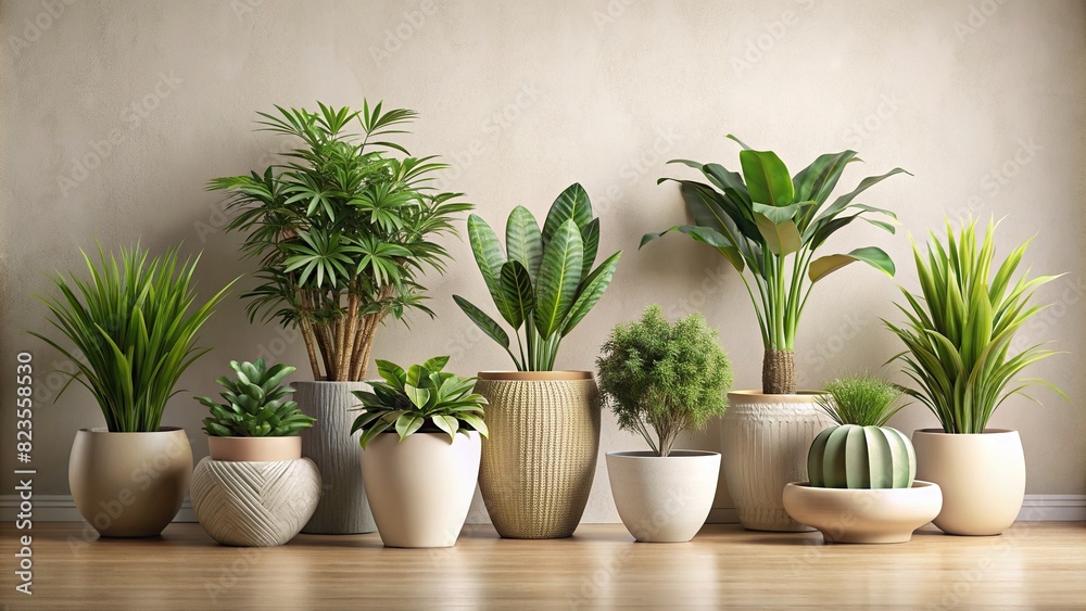 Collection of beautiful plants in ceramic pots isolated on background. 3D render 