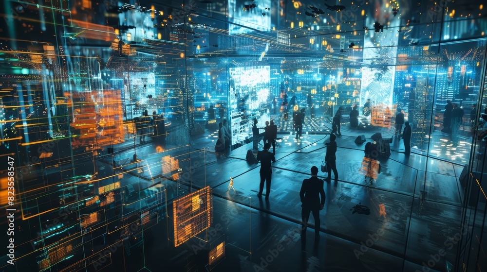 Fototapeta premium A bustling metaverse marketplace where data is traded as a valuable commodity, with traders negotiating deals in a dynamic virtual environment.