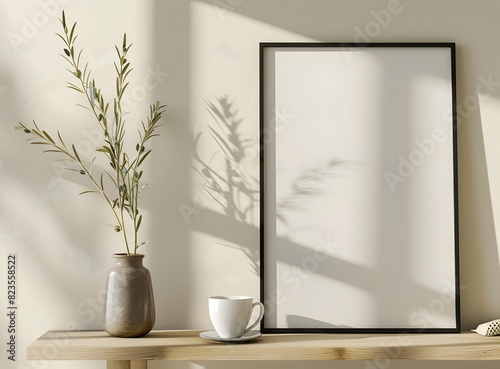 Modern interior design, mockup of vertical picture frame on light beige wall with olive branches in a vase and a coffee cup
