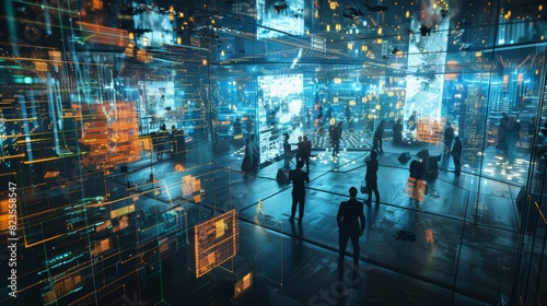 A bustling metaverse marketplace where data is traded as a valuable commodity, with traders negotiating deals in a dynamic virtual environment. photo