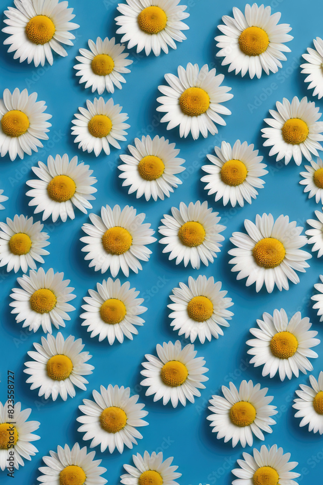 Daisy pattern. Flat lay spring and summer chamomile flowers on a blue background. Repetition concept. Top view Daisy pattern. Flat lay spring and summer chamomile flowers on a blue background. Repetition concept. Top view
