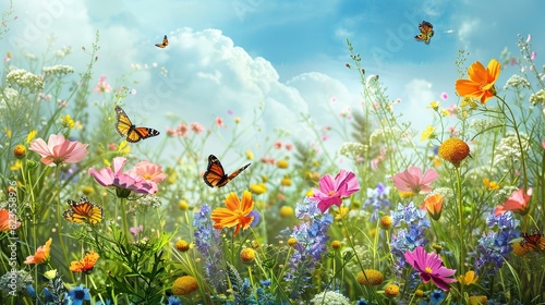 This is a colorful image of a meadow with many flowers and butterflies against the backdrop of a blue sky and white clouds.