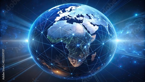 Digital world globe centered on Middle East with network lines connecting to different continents  representing global connectivity and data transfer