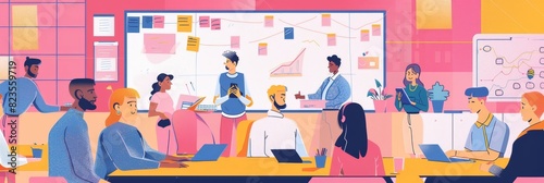 Vibrant Collaborative Workspace with Diverse Team Brainstorming and Sharing Ideas in a Modern Minimalist Office Setting with Colorful Whiteboards and Sticky Notes