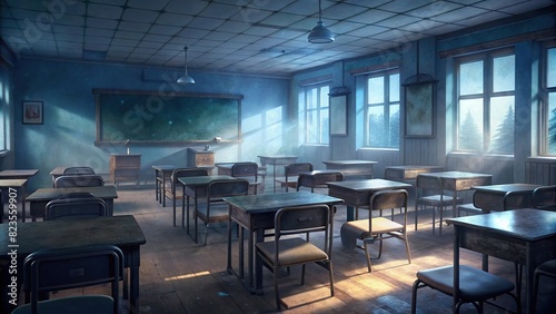 Empty old classroom with desks  chairs  and a chalkboard in a blurry background 