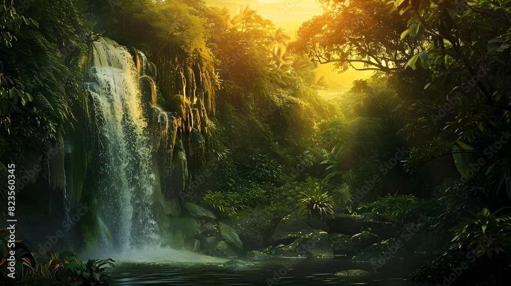 Summer's Resplendent Refreshment: A Thundering Waterfall Oasis in the Jungle Heat
