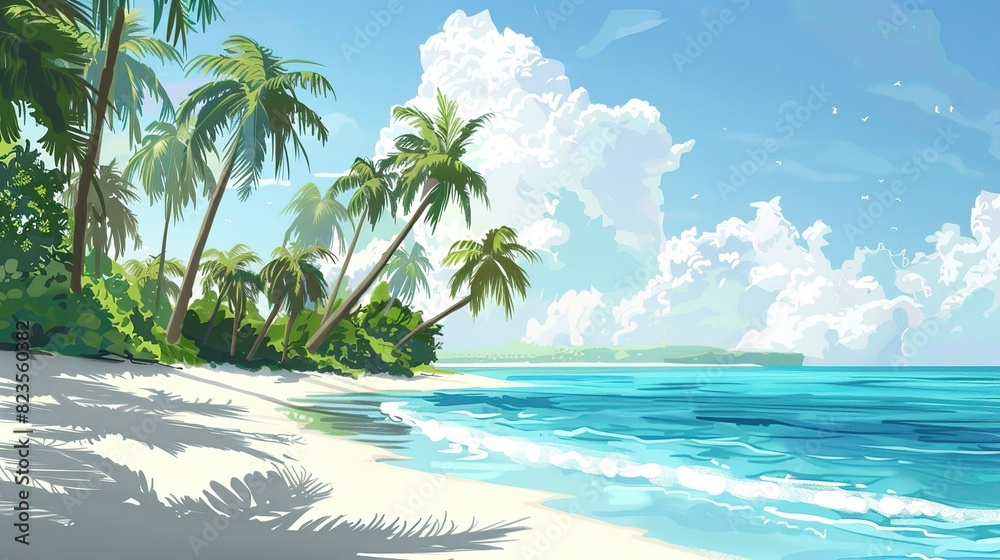 This is a beach scene. There are palm trees, white sand, blue water, and a blue sky with white clouds.

