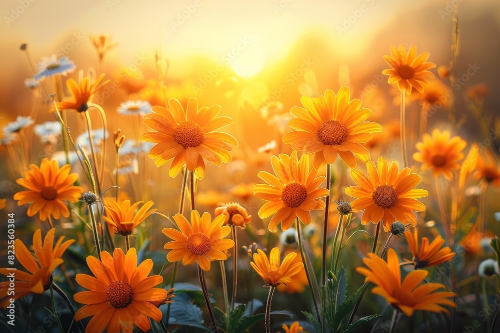 Field of Orange Flowers at Sunset Field of Orange Flowers at Sunset