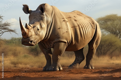 Full-bodied portrait of a lone rhino against a serene savanna backdrop © juliars