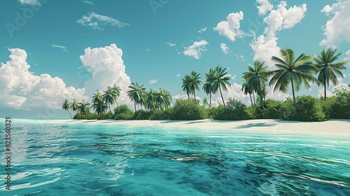 This is a beach scene. There are palm trees  white sand  blue water  and a blue sky with white clouds.  