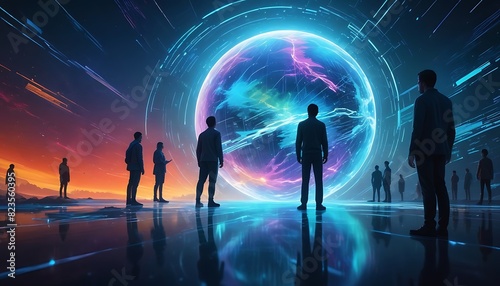 Global hologram  business people and digital transformation with scifi  cyberpunk or information technology light innovation background. Futuristic