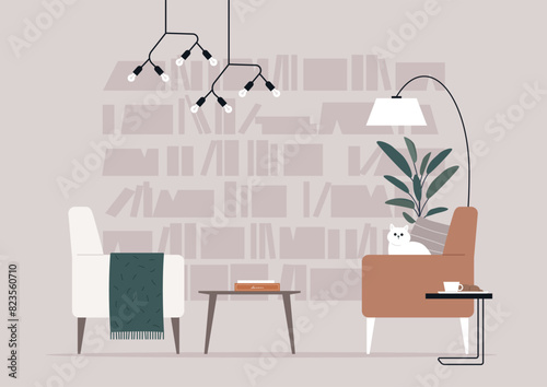 A serene library nook featuring stylish modern chairs, a petite coffee table with books, a soft blanket, and ambient lighting, creating a perfect reading environment